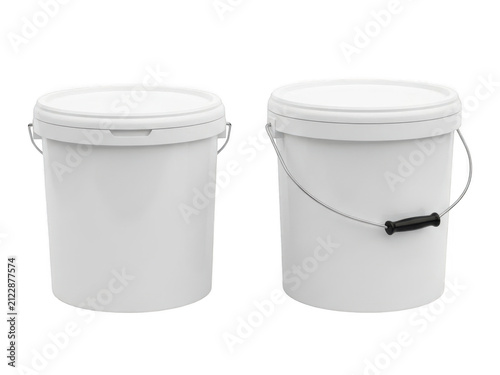 Two white plastic buckets with lids for paint or chemical storage isolated on transparent background