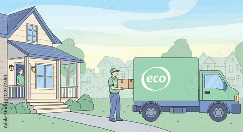 Ecofriendly electric van parked in front of modern house.