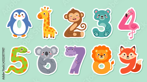 Fotografía Cute animal numbered characters zero through nine set with friendly faces for ki