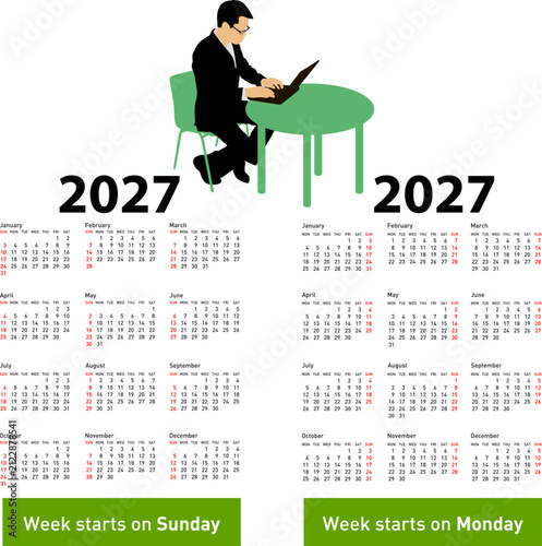 2027 calendar with businessman working on laptop at desk on white background