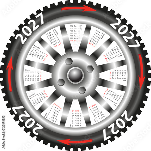 2027 calendar with car wheel and tire on white background