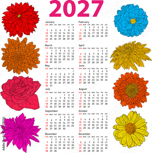 2027 calendar with hand drawn flowers on white background