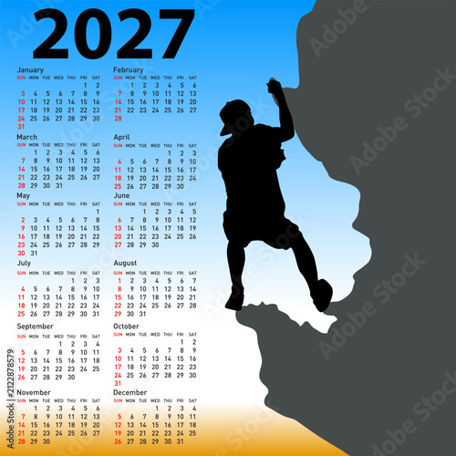 2027 calendar with rock climber climbing a steep cliff on white background
