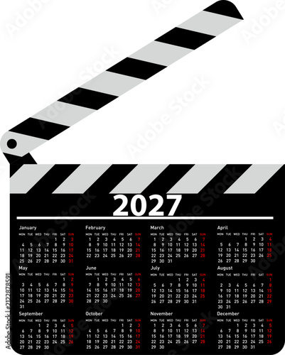 2027 calendar with movie clapperboard on white background