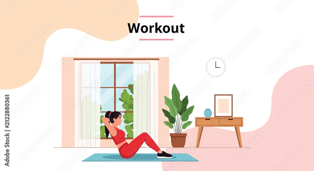 Fototapeta premium A woman practices abdominal exercises indoors near a window with a minimalist modern aesthetic