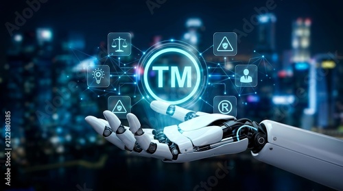 A robotic hand holding a digital TM symbol representing intellectual property protection and trademark compliance.