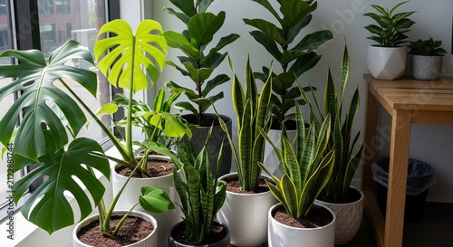 Green indoor potted plants by bright window
