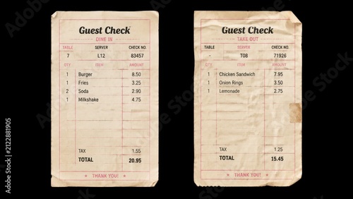 Two vintage guest check receipts on black background