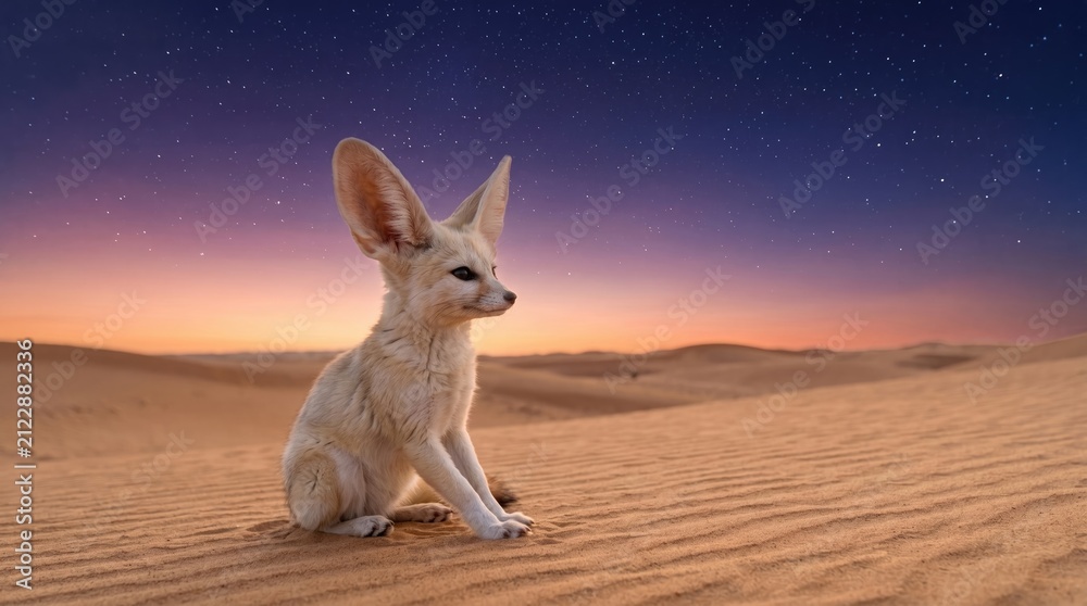 Fototapeta premium Small fennec fox sitting on sand dunes under a starry night sky with wildlife, nocturnal