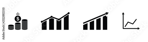 Solid black bar graphs sign used to  Show stock market increases, investment gains and revenue growth. Vector illustration growing bar graph isolated on white background.
