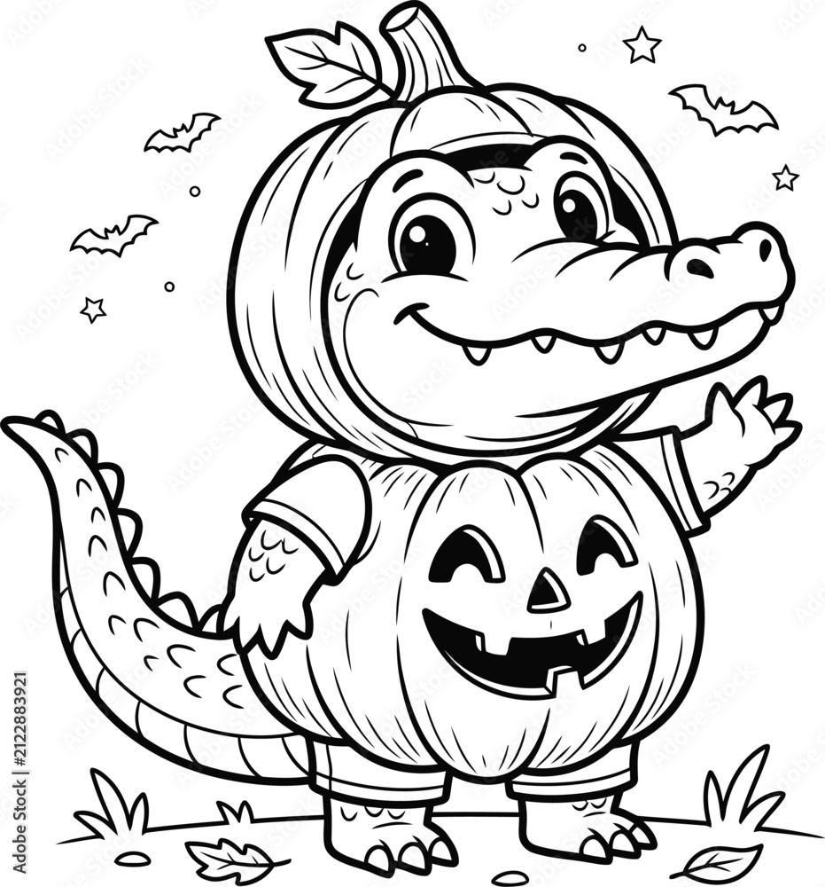 Obraz premium Cute crocodile in pumpkin costume coloring page for kids halloween line art vector illustration