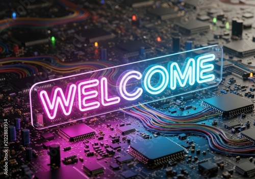 Neon welcome sign glowing on a hightech computer circuit board background with colorful wiring and electronic components