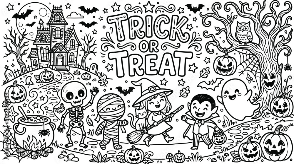 Obraz premium Halloween coloring page with trick or treat text haunted house skeleton witch mummy vampire ghost jack o lantern vector line art