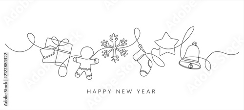 Merry Christmas decoration. Continuous one line art, Continuous line hanging candy, ball, christmas tree, gift box, star and sock. Merry Christmas and Happy New Year theme. Hand drawn.  Editable 
