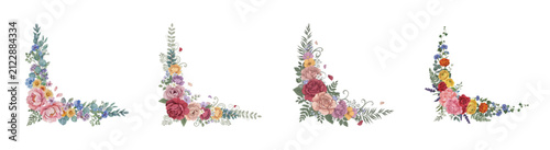 Floral corner border frames with watercolor roses and botanical leaves for wedding design.