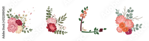 Floral corner cluster with burgundy peonies and green eucalyptus leaves on transparent.