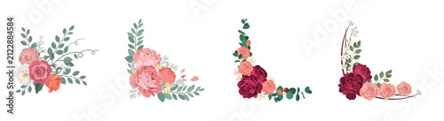 Floral corner wreath with pink roses and eucalyptus leaves isolated on transparent background.