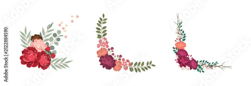 Elegant floral corner arrangement with deep red roses and green leaves, transparent.