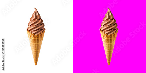 Fotografie A delicious chocolate soft serve ice cream cone with a crunchy waffle biscuit