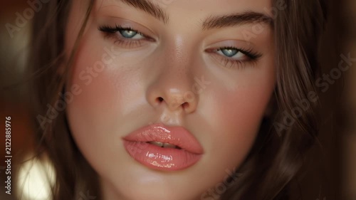 Slow dolly tracking close up of woman gazing and posing with glossy lips and eyes in indoor beauty studio room