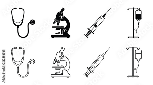 Medical Instruments Including Stethoscope And Iv Drip Black Silhouette