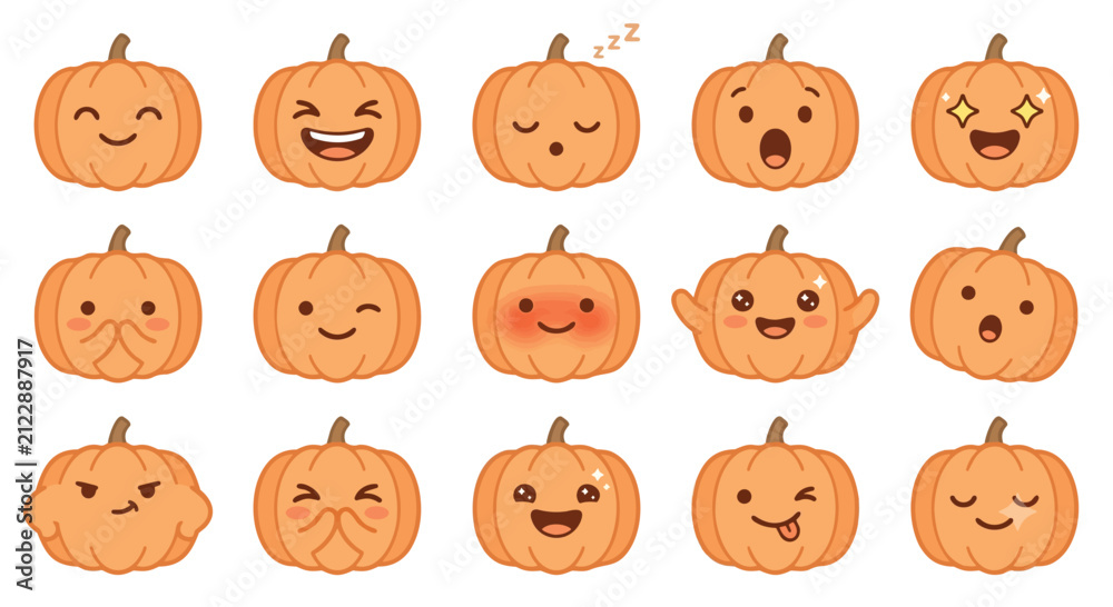 Obraz premium Vector Set of Cute Halloween Pumpkin Face Expressions Featuring Happy Smiling Laughing Angry Surprised Sleepy and Funny Jack O Lantern Cartoon Character Collection