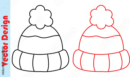 Two hand-drawn winter hats with pom-poms and ribbed details in outline form.