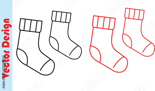 Vector illustration of two pairs of socks, one in black and one in red outline.