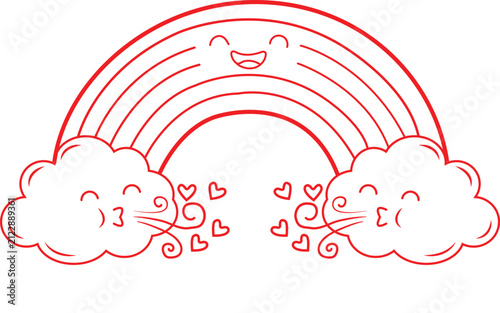 Whimsical illustration of cats with clouds and rainbow in red outline style.