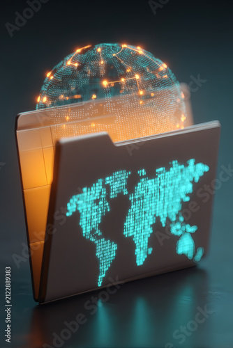 high-end 3D visualization of international data protection. A glowing silver folder serves as the base for a swirling stream of light particles and a floating digital globe with highlighted 