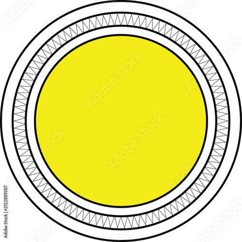 A bright yellow circle with a decorative border of intricate black patterns.
