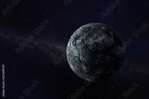 Aspect de la Terre dans ~8 milliards d'années. Si elle échappe à l'engloutissement dans le Soleil devenu une géant rouge, la Terre sera tout de même détruite, brûlée et inhabitable.