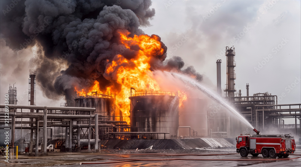 Obraz premium Emergency firefighting response at oil refinery during massive explosion. Fire truck spraying water on burning storage tanks with thick black smoke.