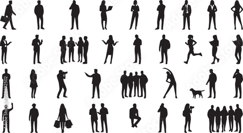 Diverse group of people walking in various directions. Silhouette crowd illustrating movement, lifestyle, and urban activity.