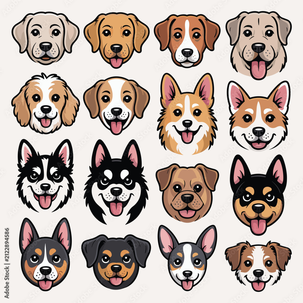 Obraz premium Cute cartoon dogs collection featuring various breeds and colors on light background