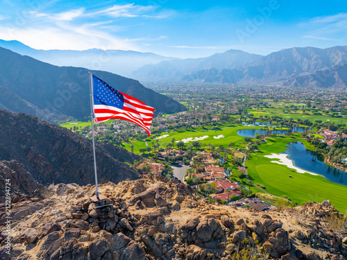 Konstfotografi American Flag Over La Quinta Golf Resort Aerial Drone View California United Sta