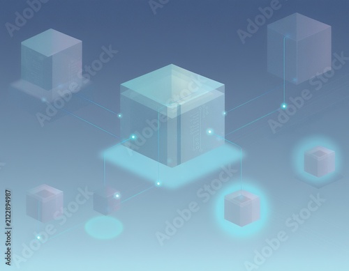Floating cubes connect with glowing lines against a cool blue backdrop