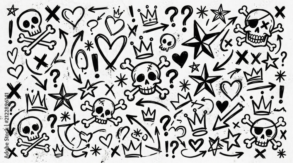 Fototapeta premium Hand drawn doodle set including skulls stars hearts and crown sketches on white textured paper background