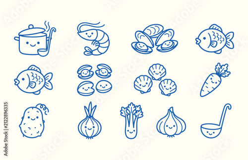 Cute seafood and vegetable illustrations for kids cooking