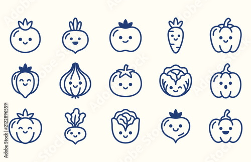 Cute cartoon vegetable illustrations in blue line art