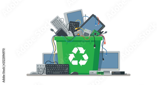 Bild auf Leinwand Electronic waste collection bin with discarded devices a flat vector illustratio