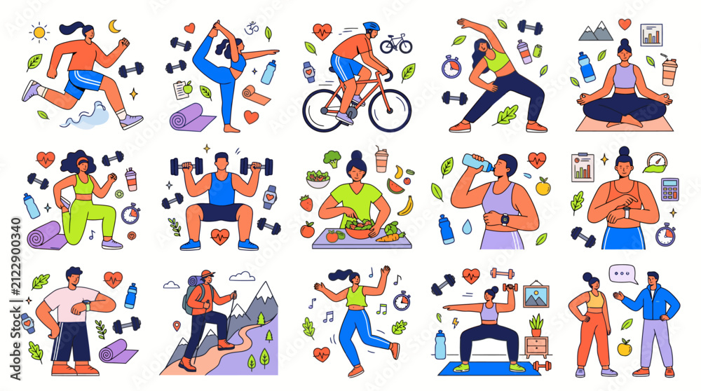 Fototapeta premium Set of flat vector illustrations featuring diverse people engaging in healthy lifestyle with displays collection fifteen stylized flat illustrations showing individuals participating various sports