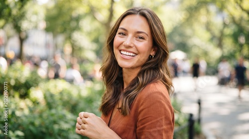 A radiant young woman with long brunette hair smiles warmly in a sunlit park, featuring a natural and vibrant outdoor atmosphere.