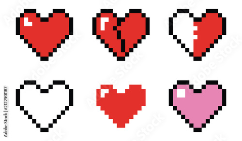 Pixel Heart Collection: A vibrant set of pixelated hearts in various states of wholeness and color, representing love, brokenness, and affection.