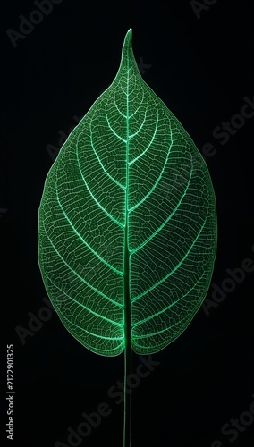 Green translucent leaf with intricate vein patterns illuminated against a dark background, showcasing natural design and structure in a minimalist style