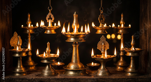 Traditional prayer lamps glowing with warm golden light representing spirituality, devotion and sacred Kerala religious traditions