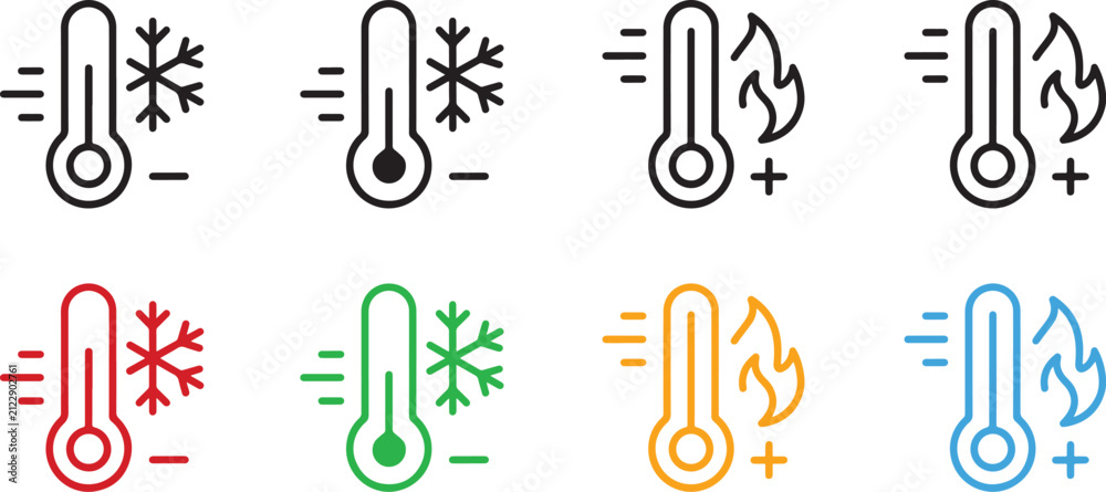 Fototapeta premium Set of eight temperature showing cold and hot weather conditions in black red green orange and blue