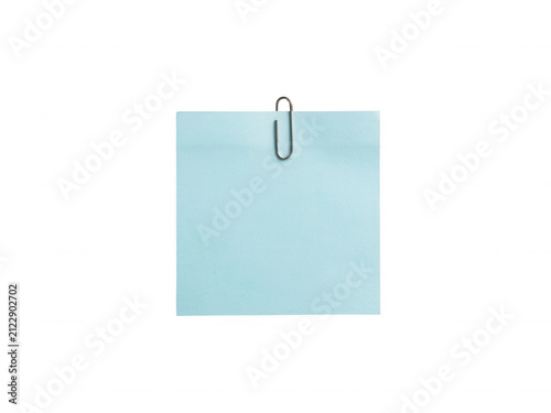 Light blue sticky note with silver paperclip isolated on transparent background for professional task reminders