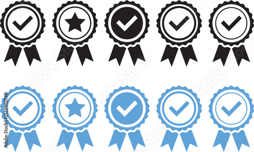 фотографія Set of five black and five blue ribbons with checkmarks and one star badge
