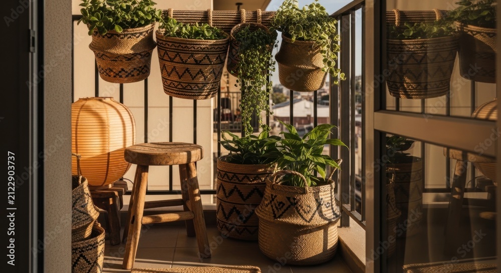 Fototapeta premium Bohemian Balcony Oasis With Hanging Potted Plants And Lantern